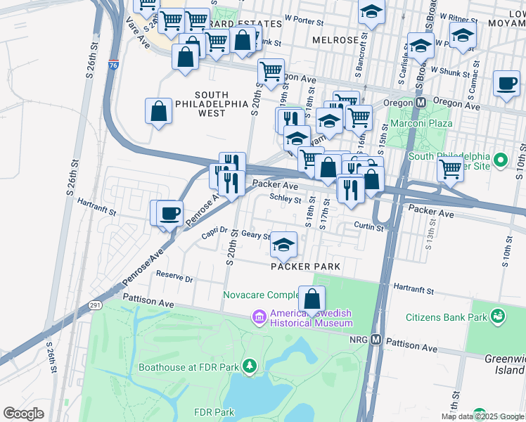 map of restaurants, bars, coffee shops, grocery stores, and more near 3142 Olympia Place in Philadelphia