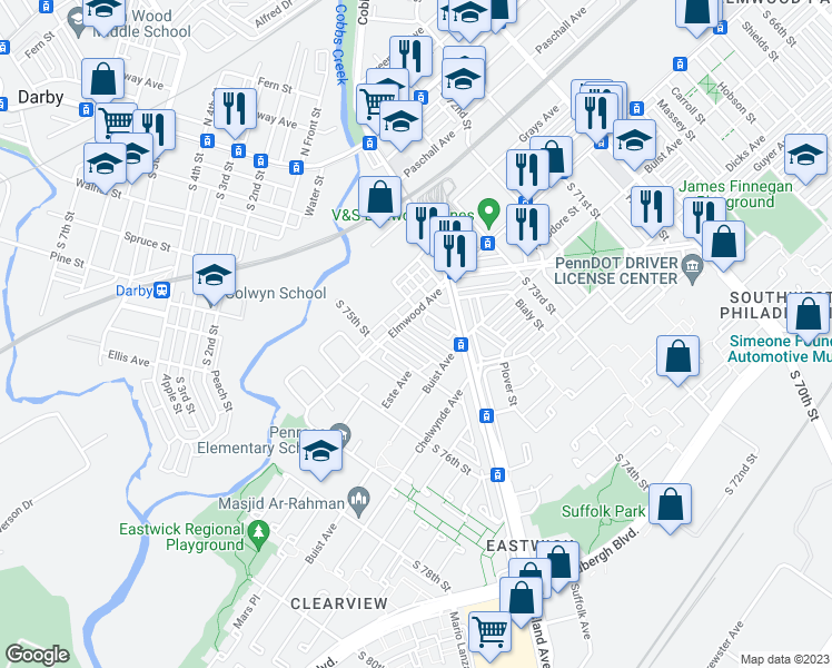 map of restaurants, bars, coffee shops, grocery stores, and more near 2514 S Ashford St in Philadelphia