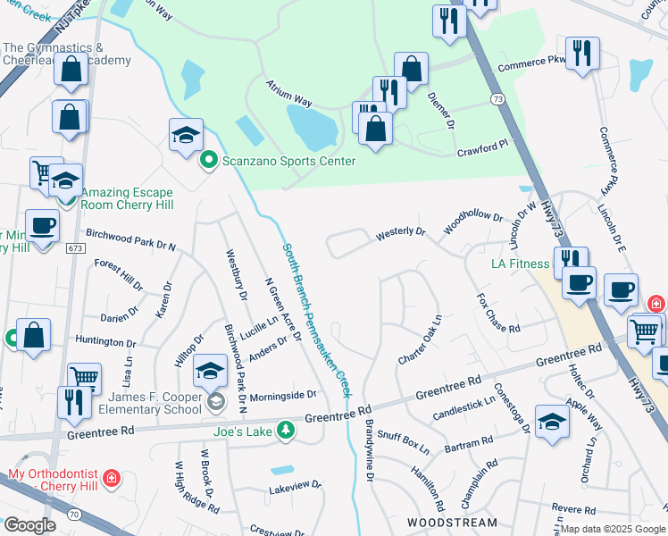 map of restaurants, bars, coffee shops, grocery stores, and more near 806 Westerly Drive in Evesham
