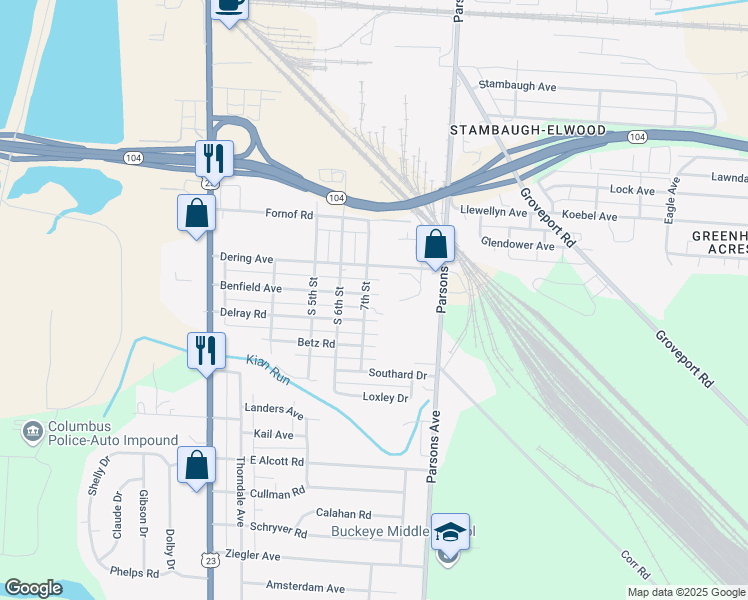 map of restaurants, bars, coffee shops, grocery stores, and more near 253 Benfield Avenue in Columbus