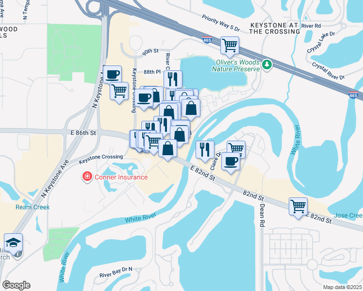 map of restaurants, bars, coffee shops, grocery stores, and more near 8555 River Road in Indianapolis