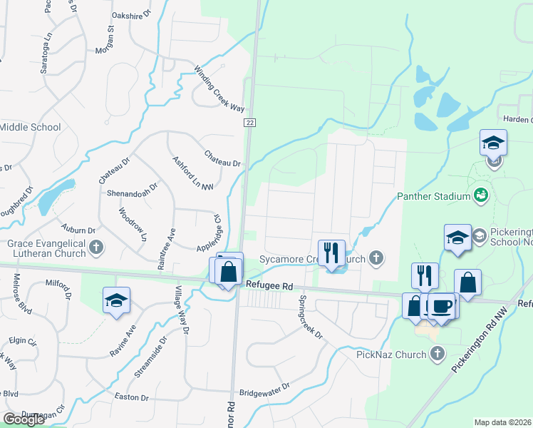 map of restaurants, bars, coffee shops, grocery stores, and more near 12265 County Highway 22 in Pickerington