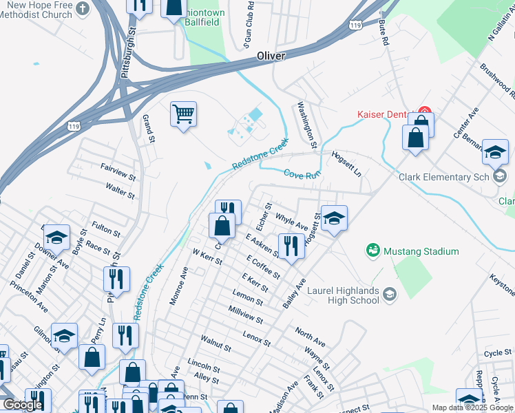 map of restaurants, bars, coffee shops, grocery stores, and more near 336 N Gallatin Ave in Uniontown