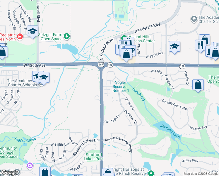 map of restaurants, bars, coffee shops, grocery stores, and more near 2941 West 119th Avenue in Westminster