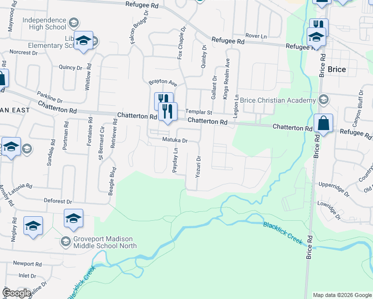 map of restaurants, bars, coffee shops, grocery stores, and more near 5685 Matuka Drive in Columbus