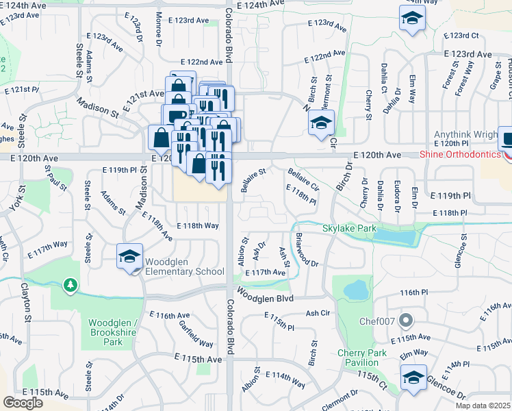 map of restaurants, bars, coffee shops, grocery stores, and more near 4115 East 119th Place in Thornton