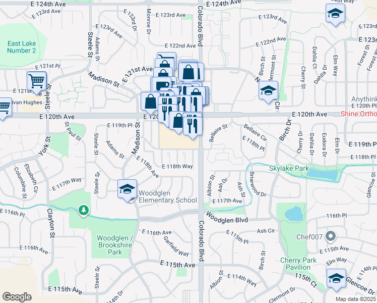 map of restaurants, bars, coffee shops, grocery stores, and more near 3924 East 120th Avenue in Thornton