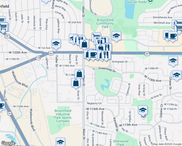 map of restaurants, bars, coffee shops, grocery stores, and more near 106 Willow Place South in Broomfield