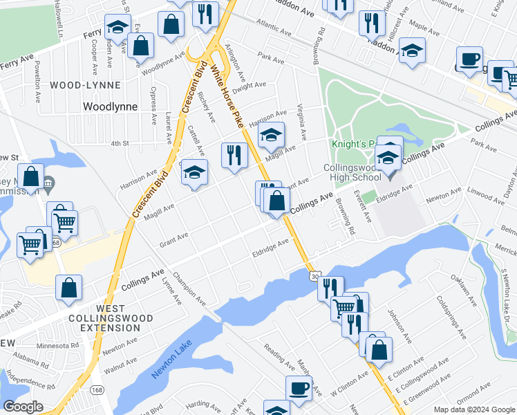 map of restaurants, bars, coffee shops, grocery stores, and more near 621 Grant Avenue in Oaklyn