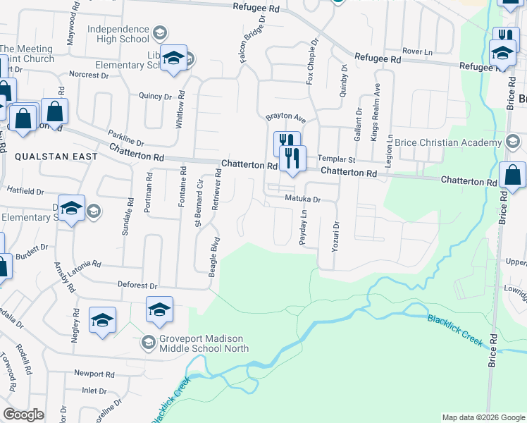 map of restaurants, bars, coffee shops, grocery stores, and more near 3325 Winter Lane Park in Columbus