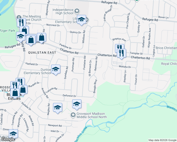 map of restaurants, bars, coffee shops, grocery stores, and more near 3214 Saint Bernard Circle in Columbus