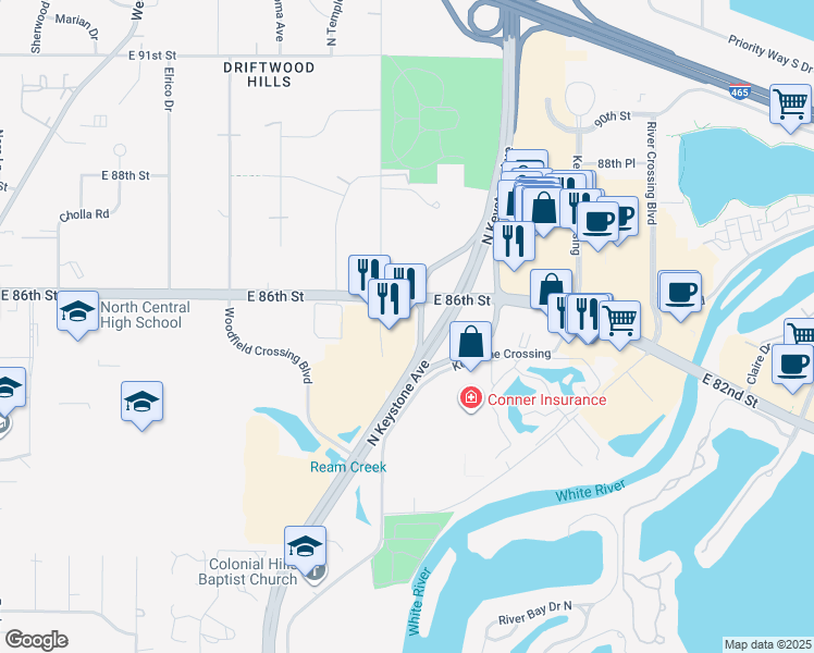 map of restaurants, bars, coffee shops, grocery stores, and more near 2727 East 86th Street in Indianapolis