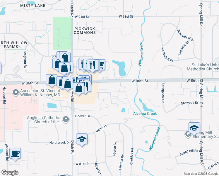 map of restaurants, bars, coffee shops, grocery stores, and more near 1062 Carters Grove in Indianapolis
