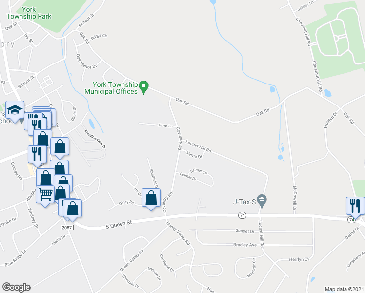 map of restaurants, bars, coffee shops, grocery stores, and more near 195 Coventry Road in Dallastown