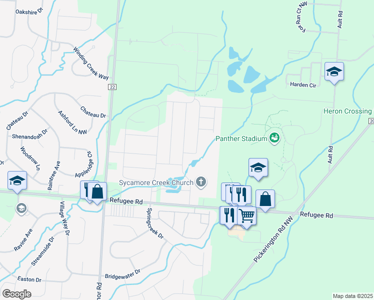 map of restaurants, bars, coffee shops, grocery stores, and more near 12300 Ebright Lane in Pickerington