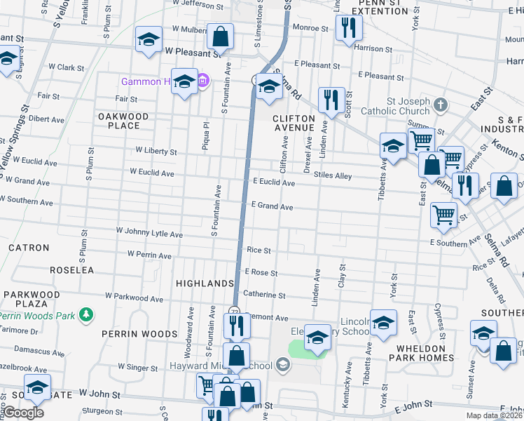 map of restaurants, bars, coffee shops, grocery stores, and more near 144 East Grand Avenue in Springfield
