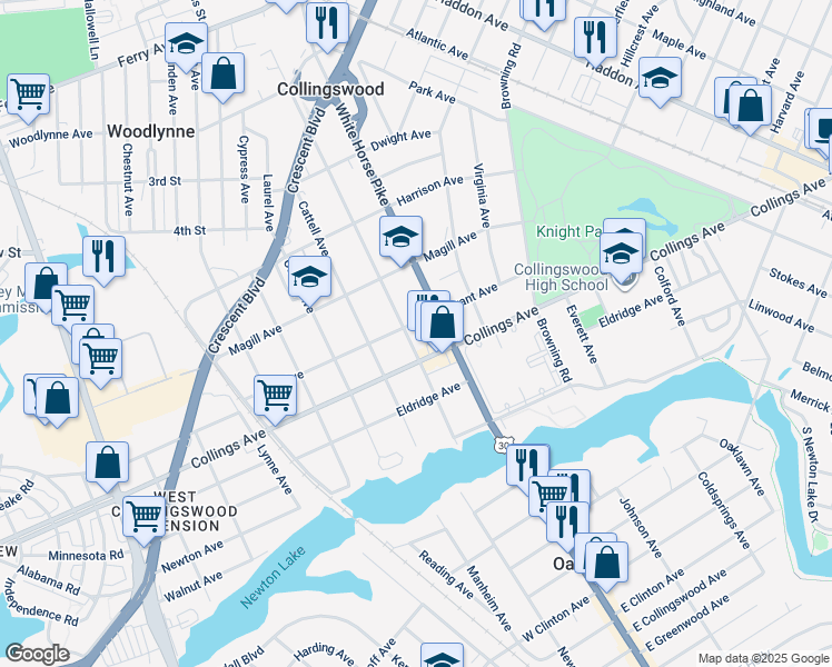 map of restaurants, bars, coffee shops, grocery stores, and more near 622 Grant Avenue in Oaklyn