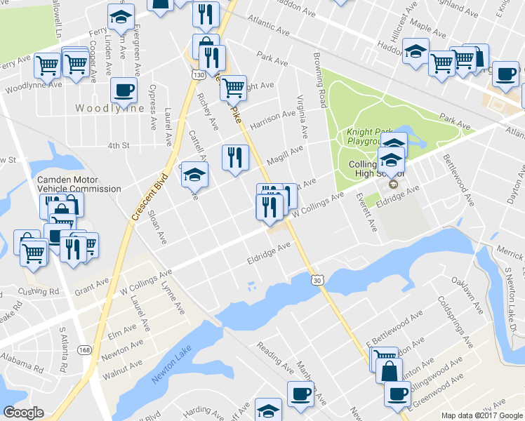 map of restaurants, bars, coffee shops, grocery stores, and more near 622 Grant Avenue in Oaklyn