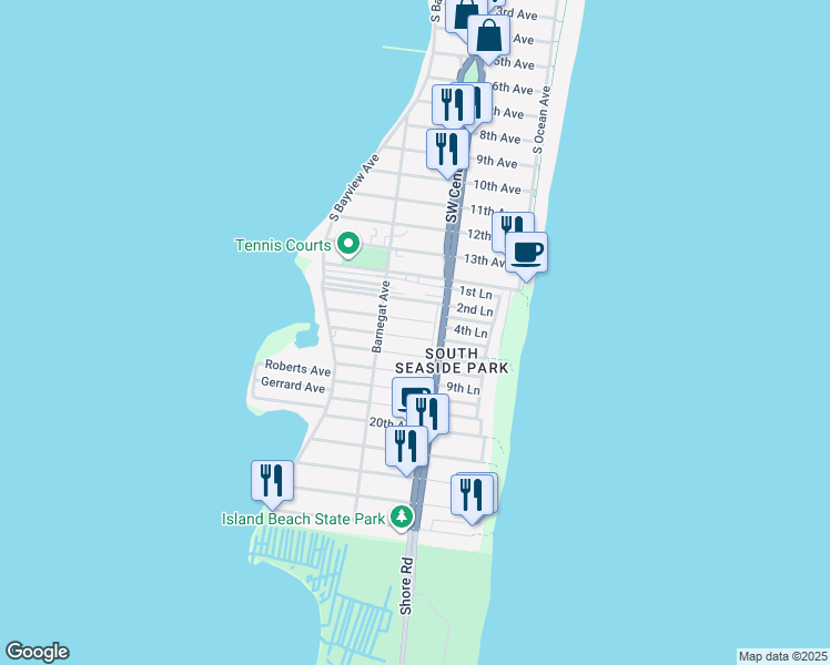 map of restaurants, bars, coffee shops, grocery stores, and more near 119 Beach Drive in Seaside Park