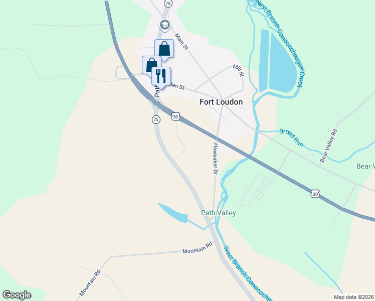 map of restaurants, bars, coffee shops, grocery stores, and more near 376 Fort Loudon Road in Mercersburg