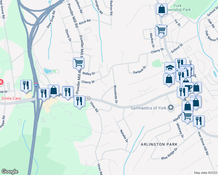 map of restaurants, bars, coffee shops, grocery stores, and more near 38 Lynwood Drive in York
