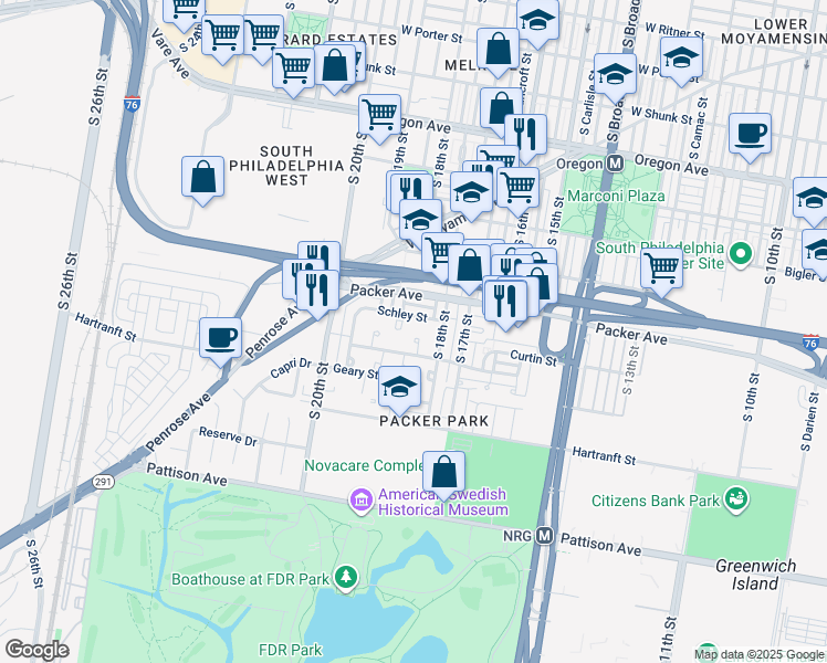 map of restaurants, bars, coffee shops, grocery stores, and more near 1833 Boise Place in Philadelphia