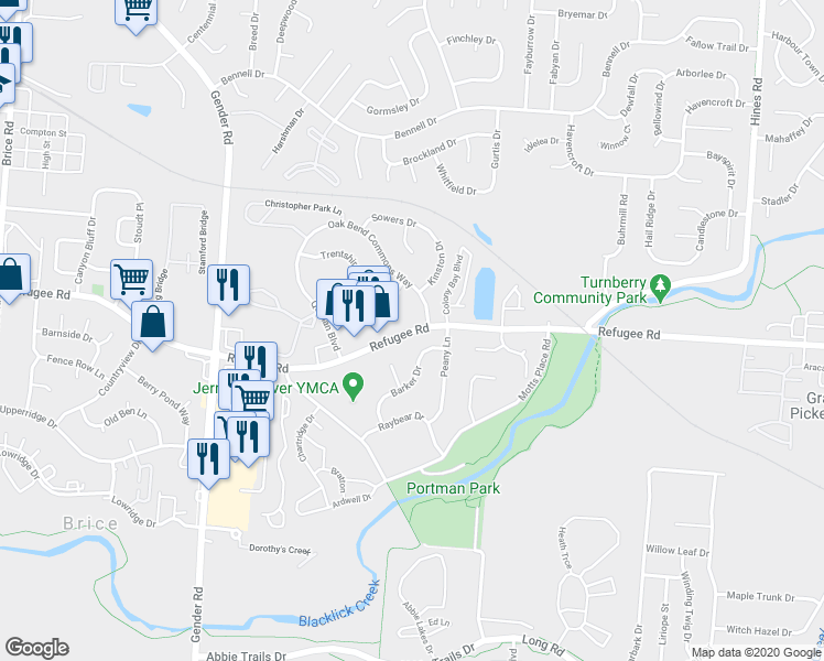 map of restaurants, bars, coffee shops, grocery stores, and more near Refugee Road in Canal Winchester