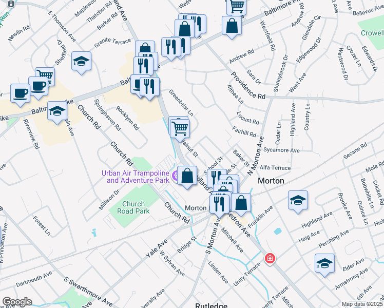 map of restaurants, bars, coffee shops, grocery stores, and more near 100 Newell Street in Morton