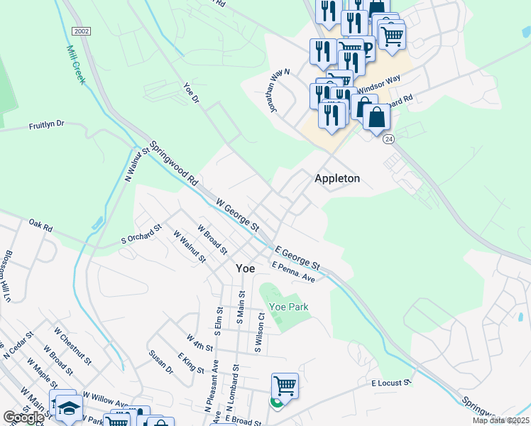 map of restaurants, bars, coffee shops, grocery stores, and more near 60 West High Street in Yoe
