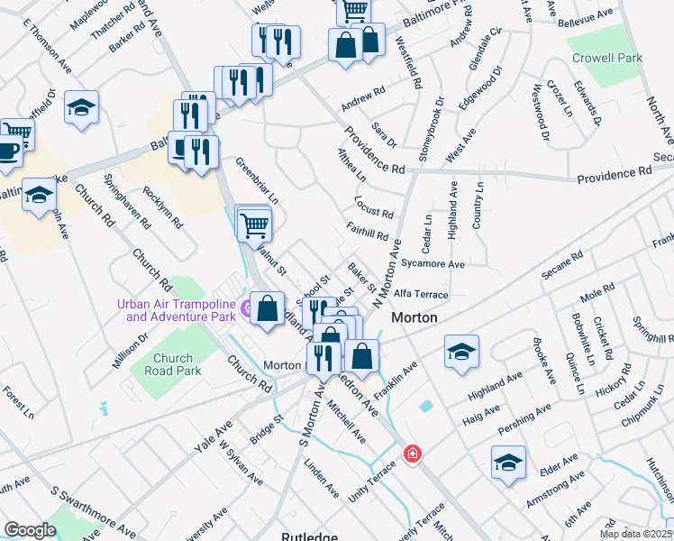 map of restaurants, bars, coffee shops, grocery stores, and more near 310 School Street in Morton