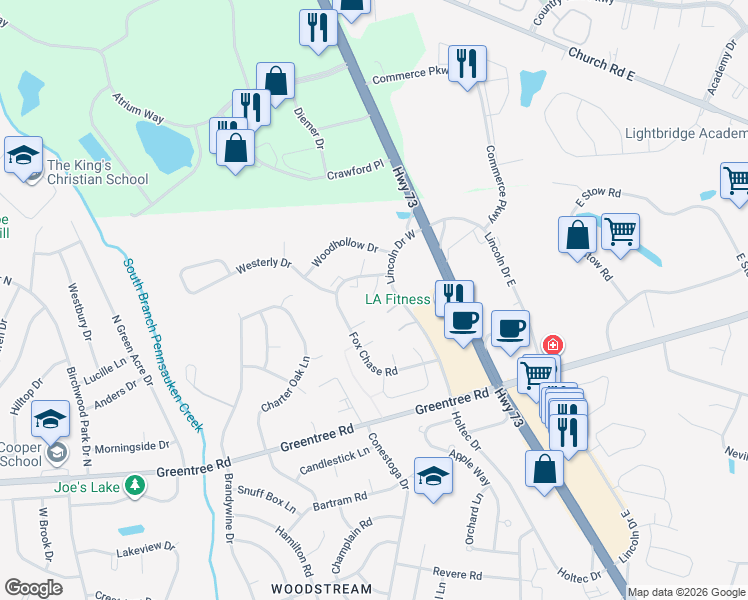 map of restaurants, bars, coffee shops, grocery stores, and more near 108 Bayberry Court in Evesham