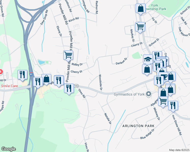 map of restaurants, bars, coffee shops, grocery stores, and more near 38 Lynwood Drive in York