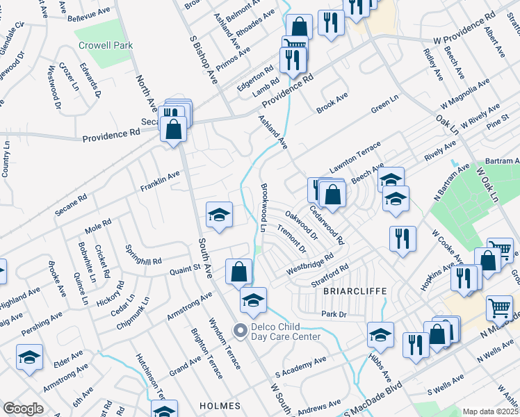 map of restaurants, bars, coffee shops, grocery stores, and more near 1156 Brookwood Lane in Glenolden