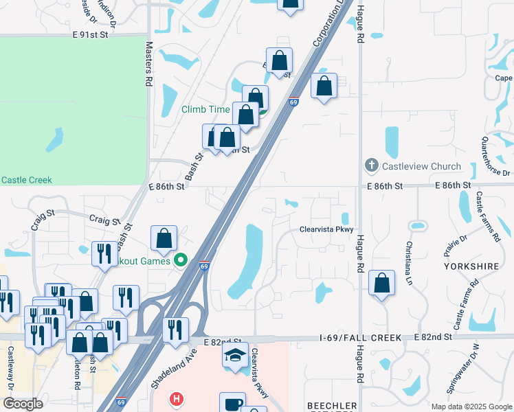 map of restaurants, bars, coffee shops, grocery stores, and more near 8400 Clearvista Place in Indianapolis