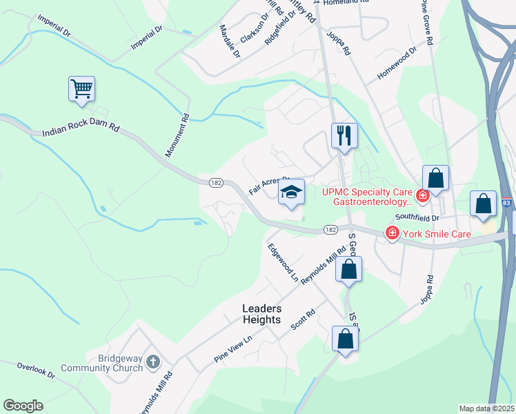 map of restaurants, bars, coffee shops, grocery stores, and more near 87 Indian Rock Dam Road in York