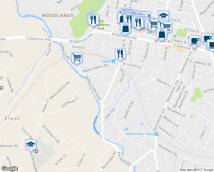 map of restaurants, bars, coffee shops, grocery stores, and more near 93 Shadeland Avenue in Media