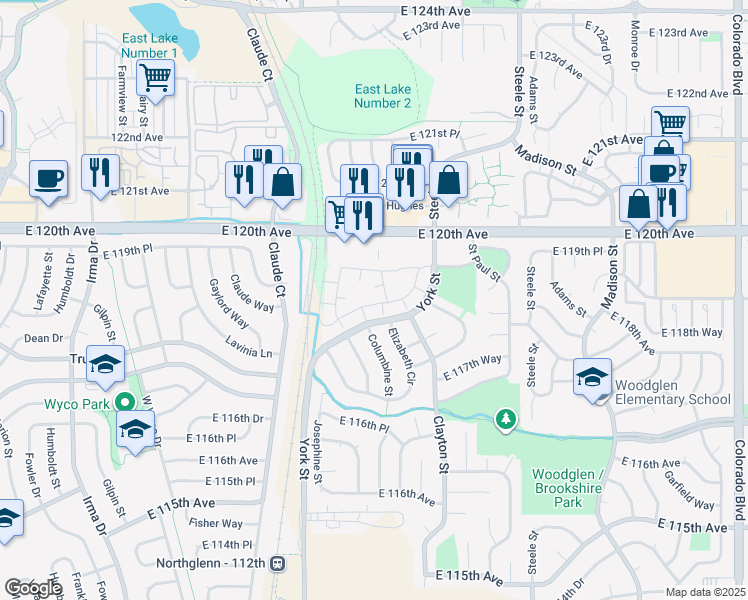 map of restaurants, bars, coffee shops, grocery stores, and more near 11801 York Street in Thornton