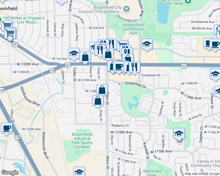 map of restaurants, bars, coffee shops, grocery stores, and more near in Broomfield