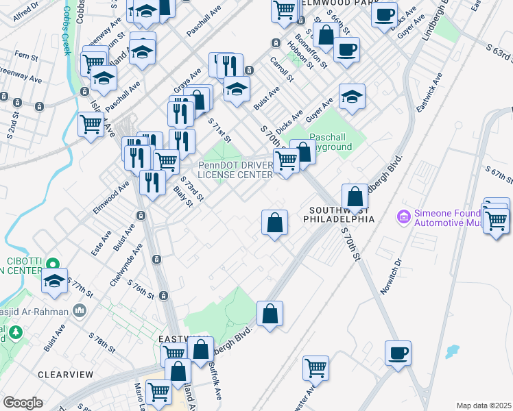 map of restaurants, bars, coffee shops, grocery stores, and more near 7100 Grovers Avenue in Philadelphia
