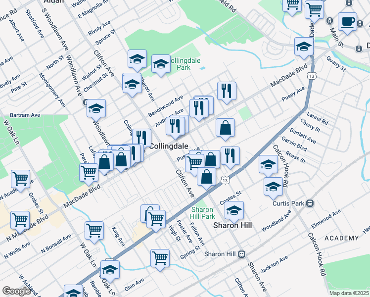 map of restaurants, bars, coffee shops, grocery stores, and more near 121 Sharon Avenue in Collingdale