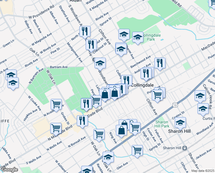 map of restaurants, bars, coffee shops, grocery stores, and more near in Collingdale