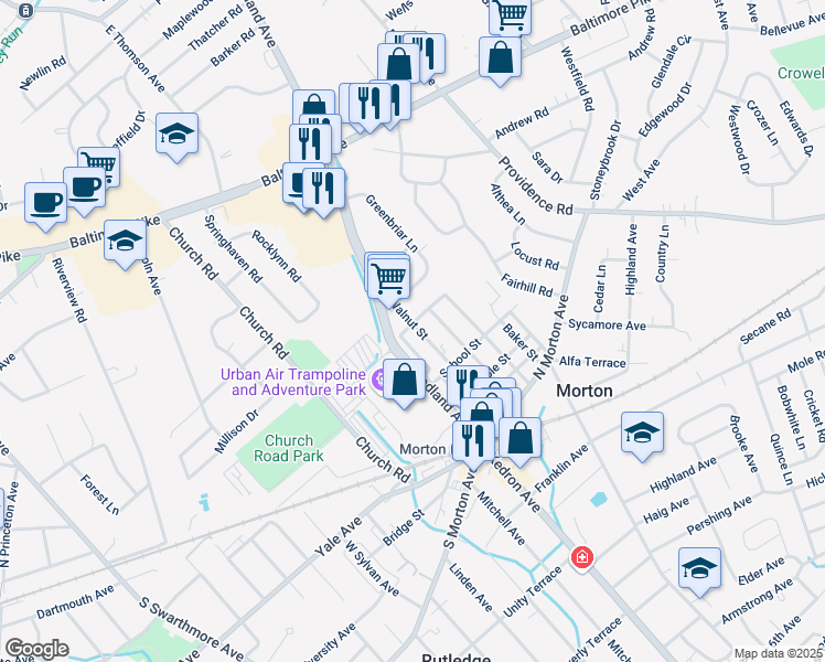 map of restaurants, bars, coffee shops, grocery stores, and more near 100 Newell Street in Morton