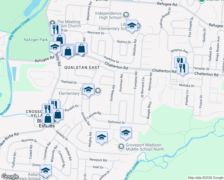 map of restaurants, bars, coffee shops, grocery stores, and more near 5331 Sundale Place South in Columbus