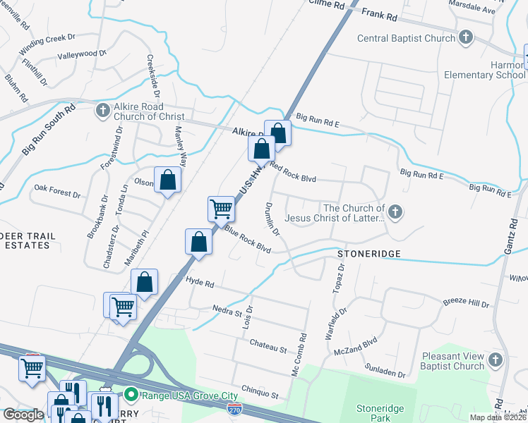 map of restaurants, bars, coffee shops, grocery stores, and more near 2101 Drumlin Drive in Grove City