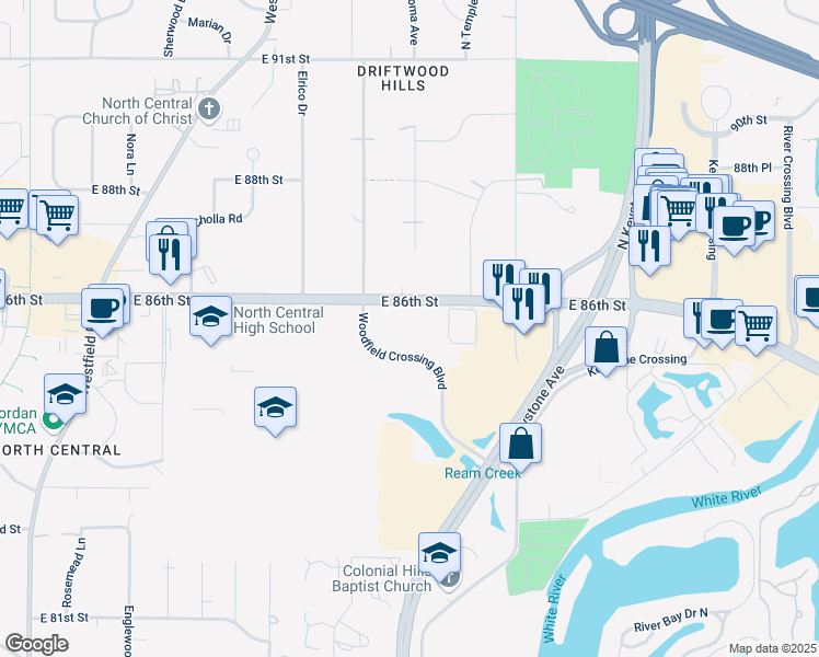 map of restaurants, bars, coffee shops, grocery stores, and more near 8505 Woodfield Crossing Boulevard in Indianapolis