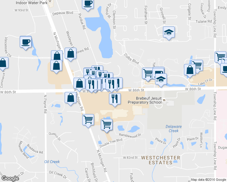 map of restaurants, bars, coffee shops, grocery stores, and more near 8649 Mercer Road in Indianapolis