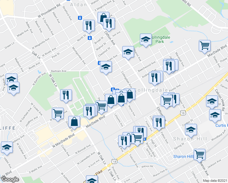 map of restaurants, bars, coffee shops, grocery stores, and more near 1001 Andrews Avenue in Collingdale