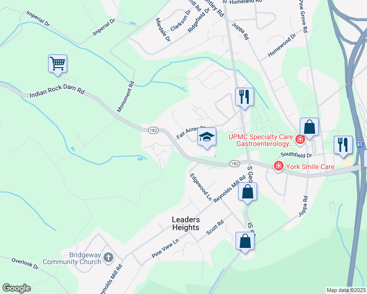 map of restaurants, bars, coffee shops, grocery stores, and more near 87 Indian Rock Dam Road in York