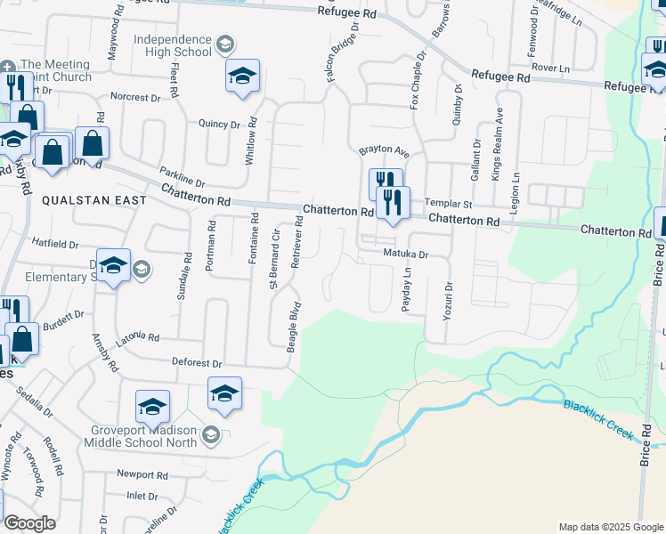 map of restaurants, bars, coffee shops, grocery stores, and more near 3325 Winter Lane Park in Columbus
