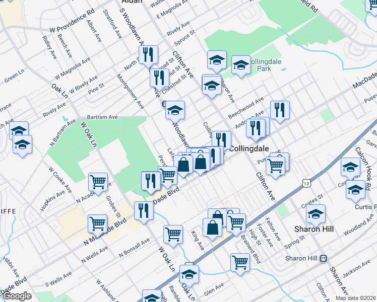 map of restaurants, bars, coffee shops, grocery stores, and more near in Collingdale